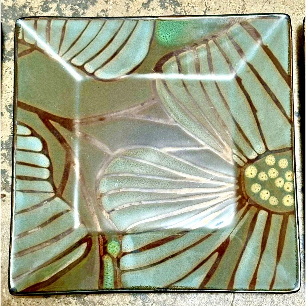 Pier 1 Imports Stoneware Plates – Set of 3 – Square Floral Pattern – Gray Green